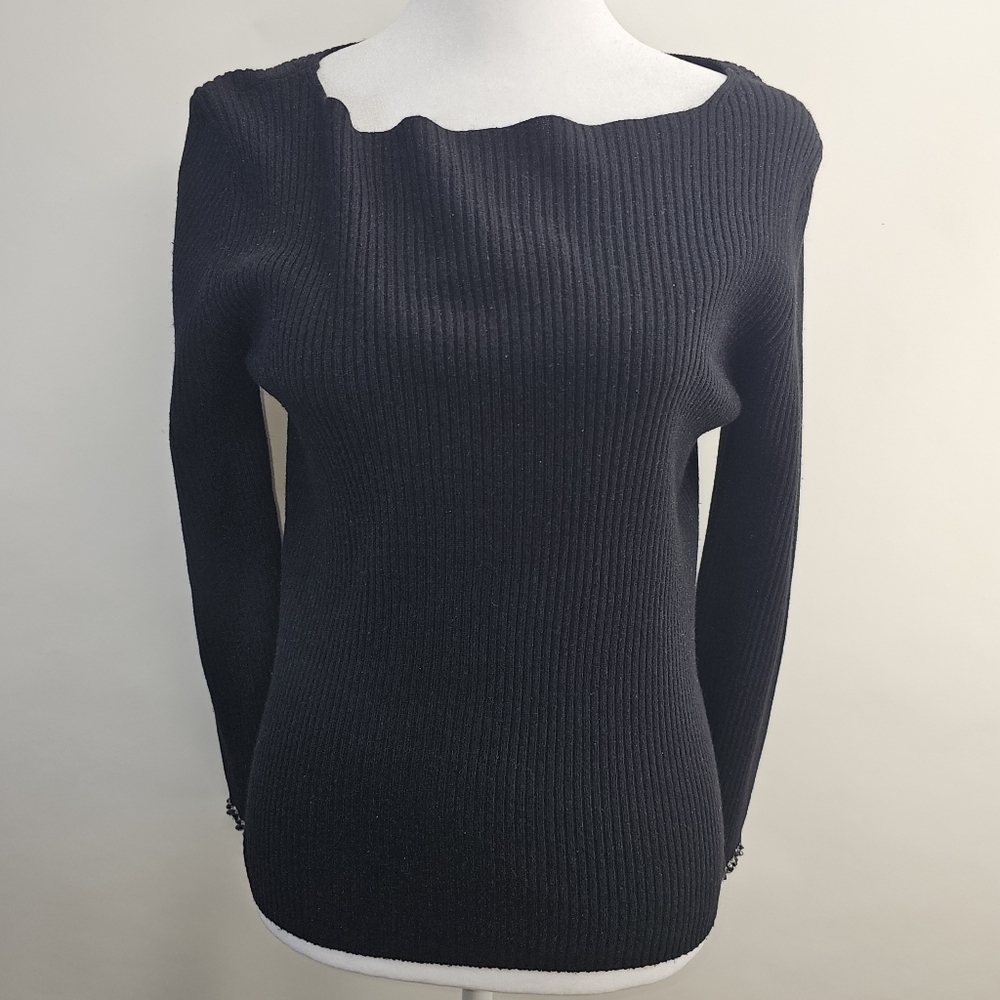 Ballinger Gold Black Ribbed silk & Cashmere Sweater Deep Scoop neck  size S